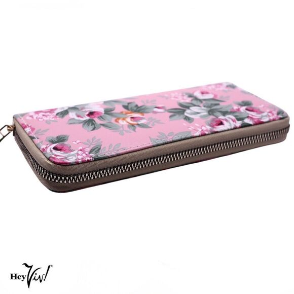 Pink Rose Print Zip Wallet Clutch Easy to Hold and Carry 8 x4" - Hey Viv - Picture 2 of 5